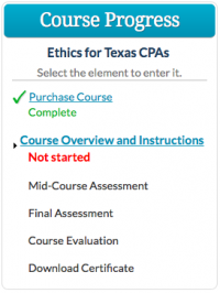 Course progress block showing course items with some course items showing completion status below the item.